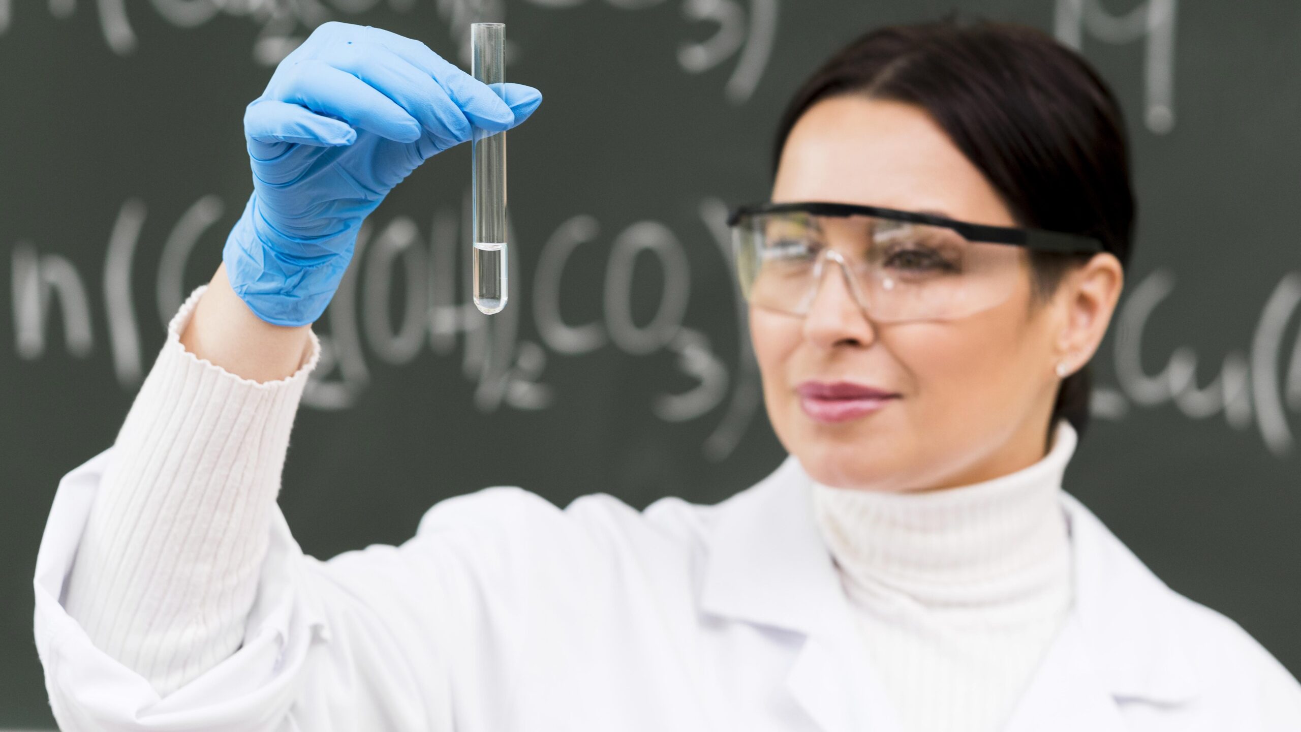 Científica analizando resultados de un informe epigenético en laboratorio.